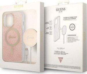 Ładowarka Guess Zestaw Guess etui + ładowarka bezprzewodowa GUBPP13LH4EACSP Apple iPhone 13 Pro różowy/pink hard case 4G Print MagSafe 10