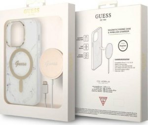 Ładowarka Guess Zestaw Guess etui + ładowarka bezprzewodowa GUBPP14XHMEACSH Apple iPhone 14 Pro Max biały/white hard case Marble MagSafe 10