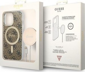 Ładowarka Guess Zestaw Guess etui + ładowarka bezprzewodowa GUBPP13LH4EACSW Apple iPhone 13 Pro brązowy/brown hard case 4G Print MagSafe 10