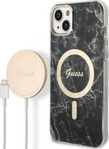 Ładowarka Guess Zestaw Guess etui + ładowarka bezprzewodowa GUBPP14SHMEACSK Apple iPhone 14 czarny/black hard case Marble MagSafe 1