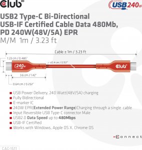 Kabel USB Club 3D USB-C - USB-C 4 m Czerwony (CAC-1515) 7