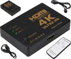 Aptel ROZDZIELACZ HDMI 3 porty typu A Switch Rozgałęźnik +pilot czarny HD28D 1