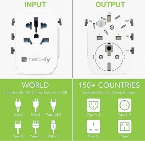 Techly Techly Adapter Podróżny Wtyków Zasilania EU/UK/USA Ładowarka 3x USB 3