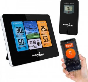 Stacja pogodowa GreenBlue Stacja pogodowa WiFi GreenBlue, zgodna z TUYA, czujnik zewnętrzny, kalendarz, prognoza pogody, barometr, GB215 2
