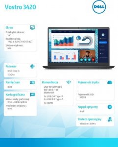 Laptop Dell Notebook Vostro 3420 Win11Pro i5-1235U/8GB/512GB SSD/14.0 FHD/Intel UHD/Cam & Mic/WLAN + BT/Backlit Kb/3 Cell/3Y ProSupport 8