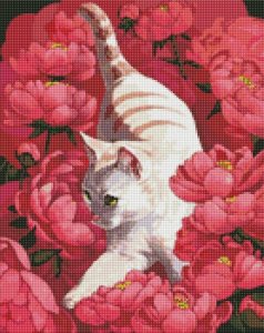 Ideyka Diamentowa mozaika - Kot w piwoniach 40x50cm 1