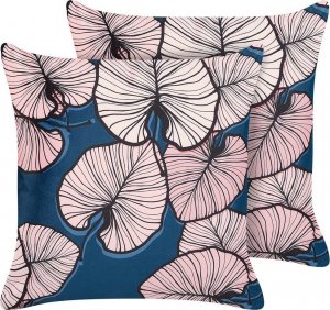 Beliani Lumarko 2 welurowe poduszki dekoracyjne w liście 45 x 45 cm niebiesko-różowe CHRYSANTHEMUM! 1