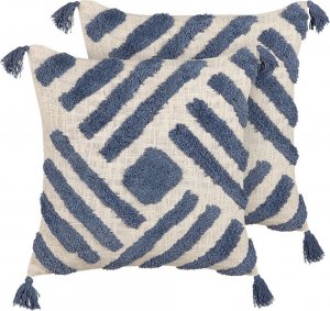 Beliani Lumarko 2 bawełniane poduszki dekoracyjne geometryczny wzór z frędzlami 45 x 45 cm beżowo-niebieskie JACARANDA! 1