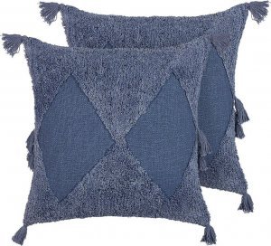 Beliani Lumarko 2 bawełniane poduszki dekoracyjne geometryczny wzór z frędzlami 45 x 45 cm niebieskie AVIUM! 1