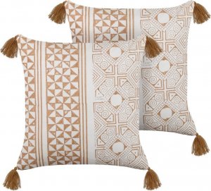 Beliani Lumarko 2 bawełniane poduszki dekoracyjne w geometryczny wzór 45 x 45 cm jasny brąz z białym MALUS! 1