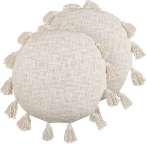 Beliani Lumarko 2 bawełniane poduszki dekoracyjne z frędzlami ⌀ 45 cm beżowa MADIA! 1