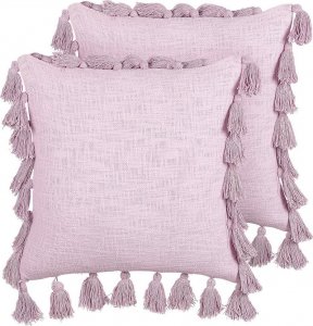 Beliani Lumarko 2 bawełniane poduszki dekoracyjne z frędzlami 45 x 45 cm różowe LYNCHIS! 1