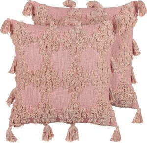 Beliani Lumarko 2 bawełniane poduszki dekoracyjne z frędzlami 45 x 45 cm różowa TORENIA! 1