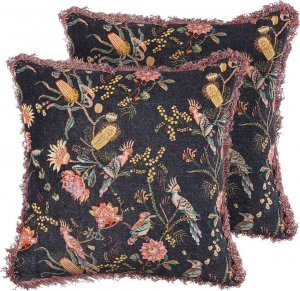 Beliani Lumarko 2 poduszki dekoracyjne welurowa w kwiaty z frędzlami 45 x 45 cm czarno-różowe MORUS! 1