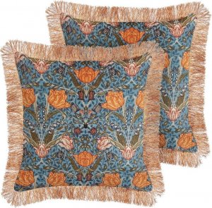 Beliani Lumarko 2 poduszki dekoracyjne welurowe w kwiaty z frędzlami 45 x 45 cm niebiesko-pomarańczowe MITELLA! 1