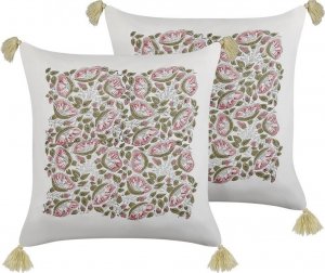 Beliani Lumarko 2 bawełniane poduszki dekoracyjne motyw roślinny z frędzlami 45 x 45 cm wielokolorowe CARISSA! 1