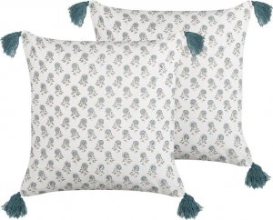 Beliani Lumarko 2 bawełniane poduszki dekoracyjne w kwiaty z frędzlami 45 x 45 cm biało-niebieskie CORNUS! 1