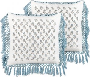 Beliani Lumarko 2 bawełniane poduszki dekoracyjne w kwiaty z frędzlami 45 x 45 cm biało-niebieskie PALLIDA! 1