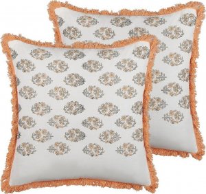 Beliani Lumarko 2 bawełniane poduszki dekoracyjne w kwiaty z frędzlami 45 x 45 cm biało-pomarańczowe SATIVUS! 1