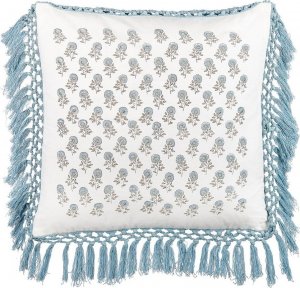 Beliani Lumarko Bawełniana poduszka dekoracyjna w kwiaty z frędzlami 45 x 45 cm biało-niebieska PALLIDA! 1