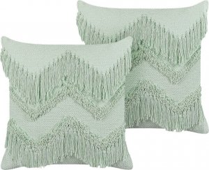 Beliani Lumarko 2 bawełniane poduszki dekoracyjne z frędzlami 45 x 45 cm jasnozielone BACOPA! 1