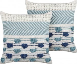Beliani Lumarko 2 poduszki dekoracyjne bawełniane z frędzlami 45 x 45 cm biało-niebieskie DATURA! 1