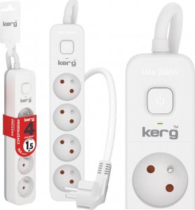 Kerg Przedłużacz KERG z wyłącznikiem-4 gniazda-biało-szary-1,5m-16A-H05VV-F-3x1,5mm2 3