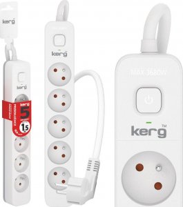 Kerg Przedłużacz KERG z wyłącznikiem-5 gniazd-biało-szary-1,5m-16A-H05VV-F-3x1,5mm2 3