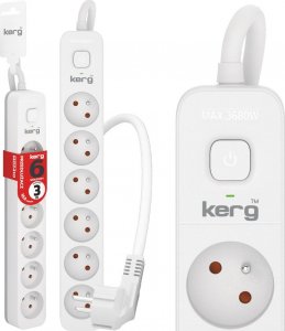 Kerg Przedłużacz KERG z wyłącznikiem-6 gniazd-biało-szary-3m-16A-H05VV-F-3x1,5mm2 3