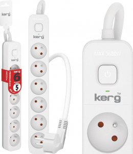 Kerg Przedłużacz KERG z wyłącznikiem-6 gniazd-biało-szary-5m-16A-H05VV-F-3x1,5mm2 3