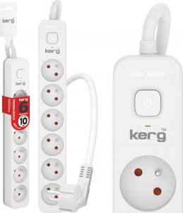 Kerg Przedłużacz KERG z wyłącznikiem-6 gniazd-biało-szary-10m-16A-H05VV-F-3x1,5mm2 3