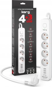 Kerg Urządz. zas.-zabezpiecz. KERG z wyłącznikiem-4 gniazda-3USB-biało-szary-5m-16A-H05VV-F-3x1,5mm2 2