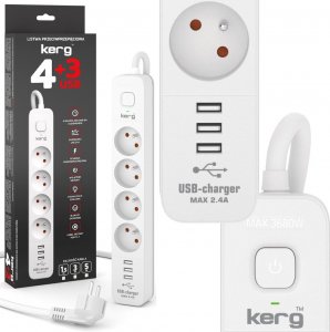 Kerg Urządz. zas.-zabezpiecz. KERG z wyłącznikiem-4 gniazda-3USB-biało-szary-5m-16A-H05VV-F-3x1,5mm2 3