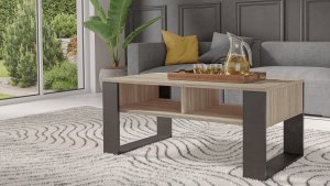 Topeshop STOLIK KAWOWY PÓŁKI ŁAWA MODERN 2P DĄB SONOMA CZERŃ 3