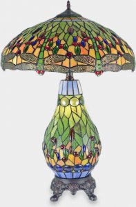Lampa stołowa rzezbyzbrazu Lampa Witrażowa w Stylu Tiffany ze Świecącą Podstawą Ważka Zielona 1