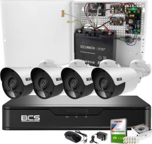 BCS Monitoring do samodzielnego montażu - zestaw z awaryjnym zasilaniem: 4 kamery BCS-P-TIP14FSR5 4MPx, rejestrator BCS-P-NVR0401-4K-II 8MPx, dysk 1TB, skrętka 1