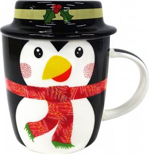 Altom Design Kubek porcelanowy dla dzieci Wesoły Pingwinek z pokrywką 300 ml 1