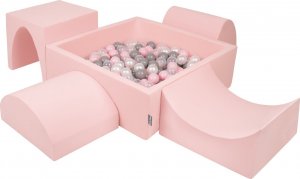 KiddyMoon Piankowy plac zabaw PPZP-KW30D-135 z piłeczkami różowy: perła-szary-transparent-pudrowy róż basen 200/górka/tunel/rampa L/półwałek L Zabawka plac zabaw 1