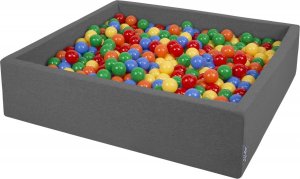 KiddyMoon Suchy basen kwadratowy z piłeczkami 7cm 120x30 ciemnoszary: żółty-zielony-niebieski-czerwony-pomarańcz 120x30/1000piłek Zabawka basen piankowy 1