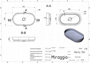 Umywalka Miraggio Umywalka nablatowa owalna 75 x 42 cm 9
