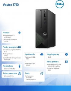 Komputer Dell Komputer Vostro 3710 SFF Win11Pro i5-12400/8GB/256GB + 1TB/Intel UHD 730/WLAN + BT/Kb/Mouse/3Y ProSupport 5