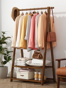 Hedo Bambusowy wolnostojący trapezowy wieszak na ubrania z 2-poziomowymi półkami, długość 86 cm 2