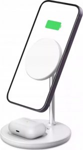 Ładowarka 4kom.pl Ładowarka bezprzewodowa 2w1 QI 15W 2in1 Magnetic MagSafe Wireless Charger do Apple iPhone AirPods Biała 2