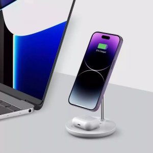 Ładowarka 4kom.pl Ładowarka bezprzewodowa 2w1 QI 15W 2in1 Magnetic MagSafe Wireless Charger do Apple iPhone AirPods Biała 5
