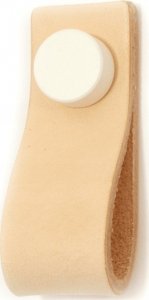 Kaletya Skórzany uchwyt meblowy, pojedynczy naturalny- biały guzik, końcówka prosta, front 18mm 1