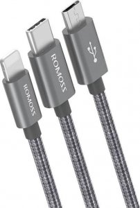 Kabel USB Romoss USB-A - USB-C + micro-B + Lightning 1 m Szary (ROM50) 1