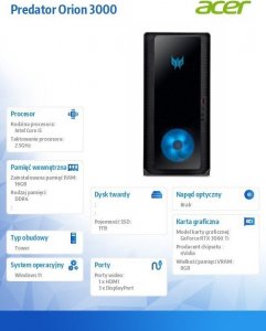 Komputer Acer Predator Orion 3000, Core i5-12400F, 16 GB, RTX 3060 Ti, 1 TB M.2 PCIe Windows 11 Home 10