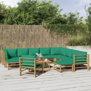 vidaXL 12-cz. zestaw mebli do ogrodu, zielone poduszki, bambus 1