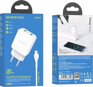 Ładowarka BOROFONE ŁADOWARKA SIECIOWA DBN6 CHARMER - 2XUSB - QC 3.0 18W 3A Z KABLEM USB NA TYP C BIAŁA 5