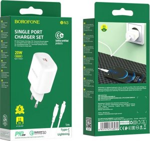 Ładowarka BOROFONE ŁADOWARKA SIECIOWA BN3 PREMIUM - TYP C - QC 3.0 PD 2.0 20W Z KABLEM TYP C NA LIGHTNING BIAŁA 9
